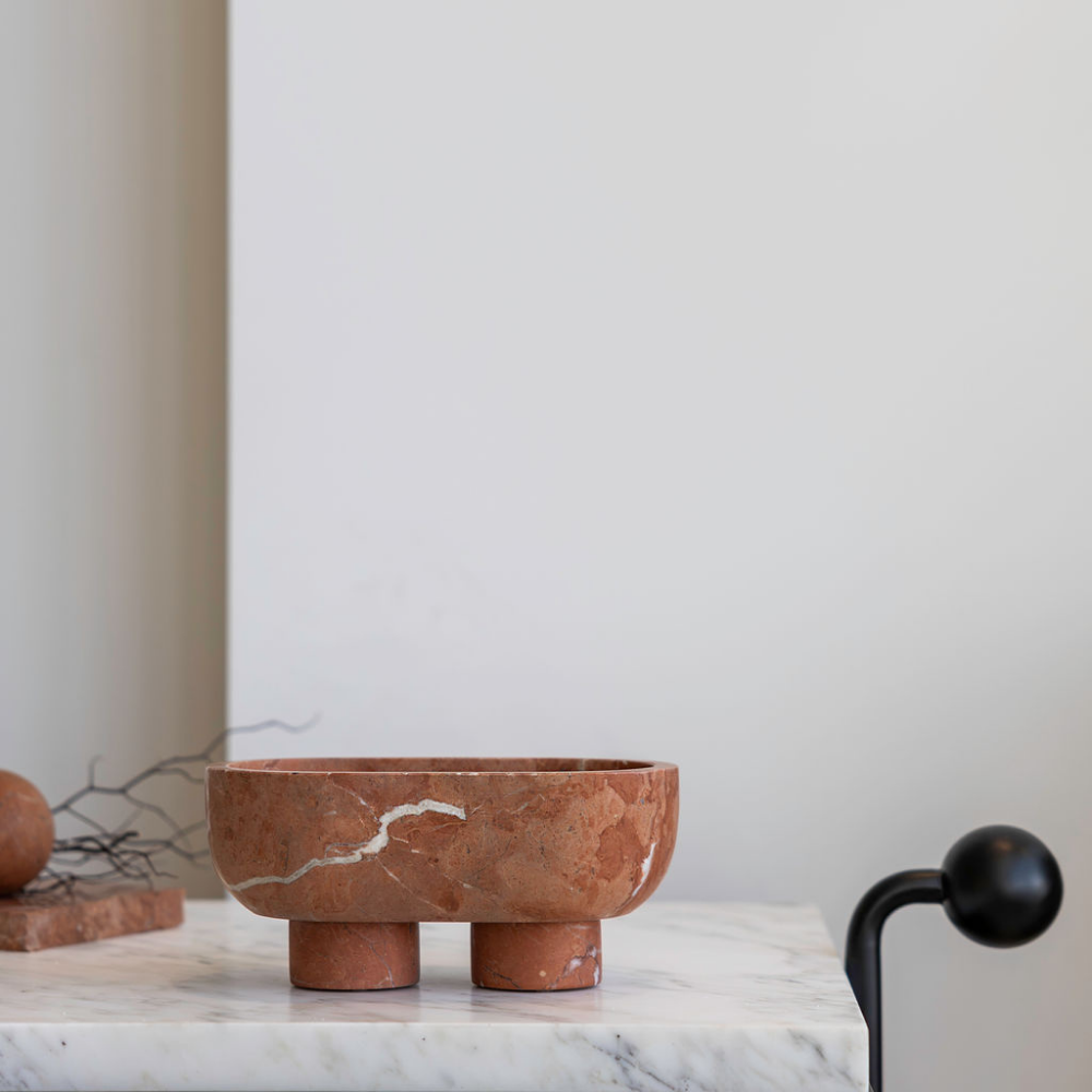 The Muse footed oval tray in Rosso Alicante with elegant design, inspired by Greek artistry, perfect for upscale decor and thoughtful display in luxury interiors