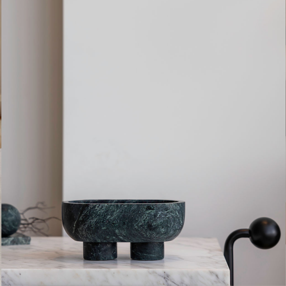 The Muse footed oval tray in Verdi Alpi with elegant design, inspired by Greek artistry, perfect for upscale decor and thoughtful display in luxury interiors