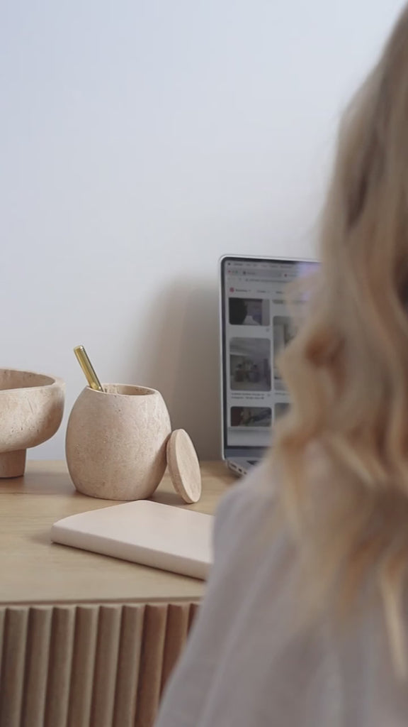 Collector Cannister – Stylish stone storage vessel, perfect for organizing miscellanea or as a pen cup. Combines modern design with practical simplicity to enhance workspace or home décor.